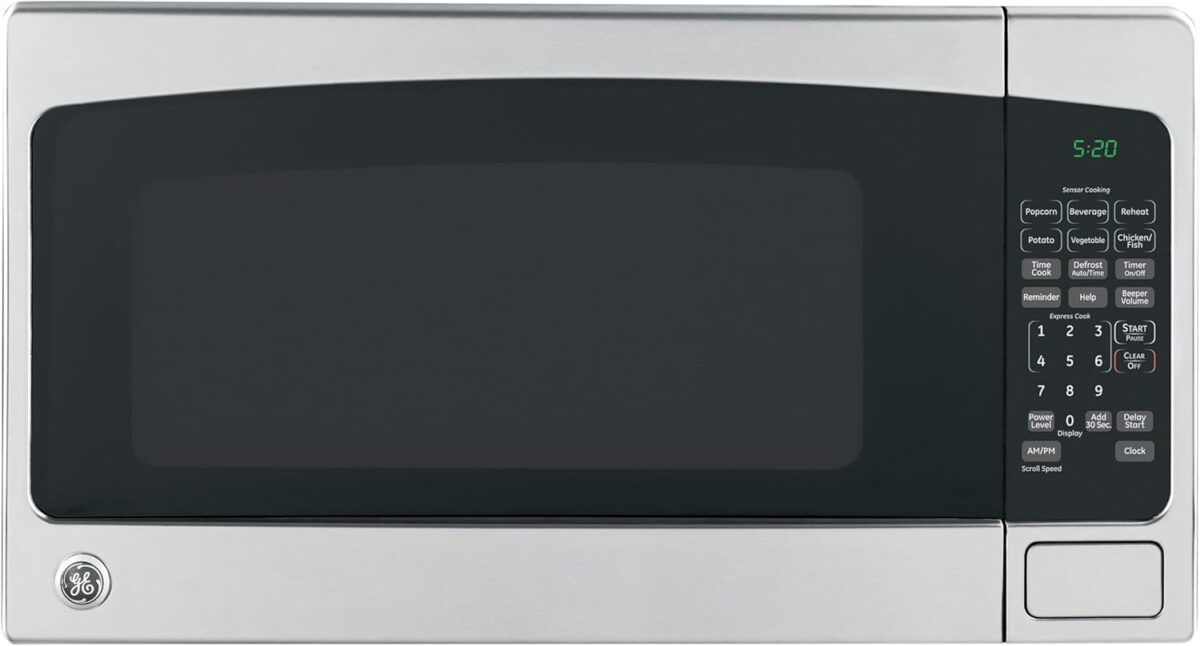 GE Countertop Microwave Oven, 1,200-watt Capacity, 2.0 Cubic Ft., 8 Auto Setting Cooking Settings, Child-Lock Technology, Kitchen Essentials for the Countertop, Dorm Room or Apartment, Satinless Steel