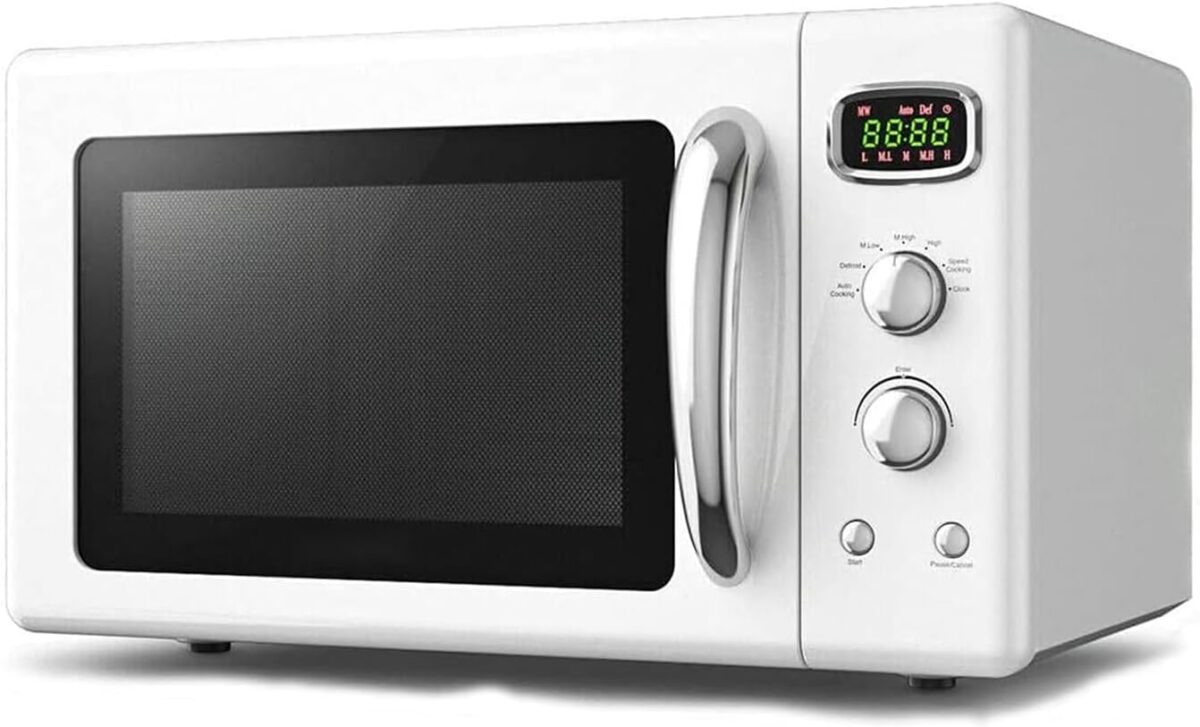 GOFLAME Large 0.9Cu.ft Countertop Microwave Oven, 900-Watt Retro Microwave w/Child Safety Lock, Defrost & Auto Cooking Function, LED Display, Glass Turntable, White