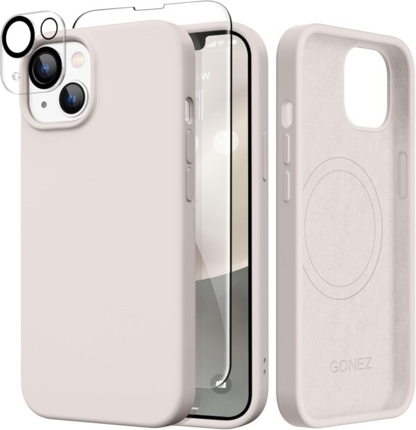 GONEZ Magnetic for iPhone 14 Case, Compatible with Magsafe, with Screen Protector + Camera Protector, Anti-Scratch Microfiber Lining, Liquid Silicone Shockproof Protective Phone Case, Stone