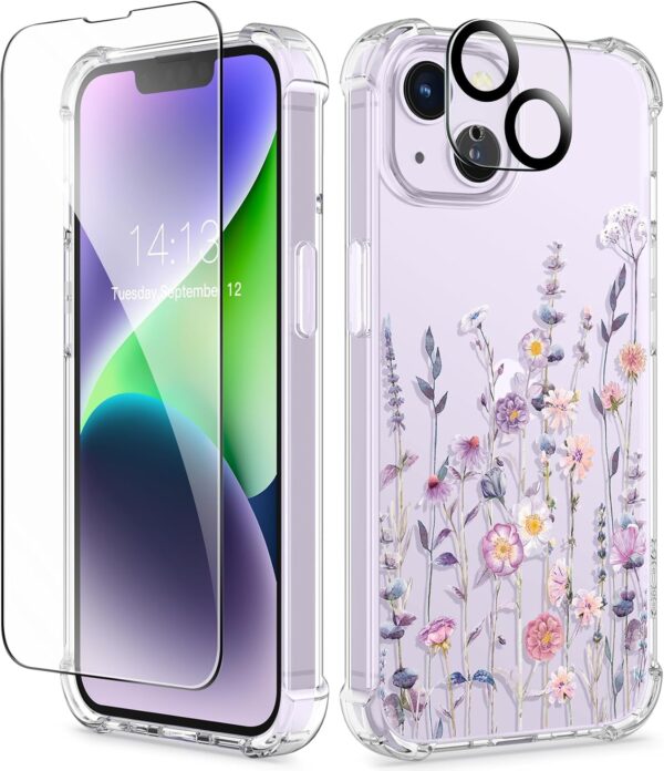 GVIEWIN for iPhone 14 Case Floral, with Screen Protector+Camera Lens Protector,[Non Yellowing]Soft Shockproof Clear Phone Protective Cover for Women, Flower Pattern Design 6.1″(AA-Floratopia/Colorful)