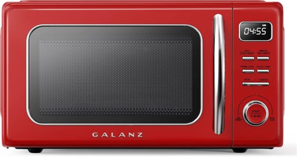 Galanz GLCMKZ11RDR10 Retro Countertop Microwave Oven with Auto Cook & Reheat, Defrost, Quick Start Functions, Easy Clean with Glass Turntable, Pull Handle, 1.1 cu ft, Red