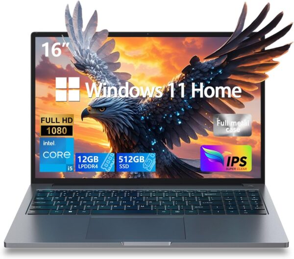 Gaming Laptop 16″ Ultra-Slim – Intel Core i5-(Up to 3.5GHz), 12GB DDR4 + 512GB SSD, 1920×1200 IPS 16:10 Display, WiFi 6 & BT5.0, HDMI/Type-C – Aluminum Windows 11 Home Laptop for Work & Play