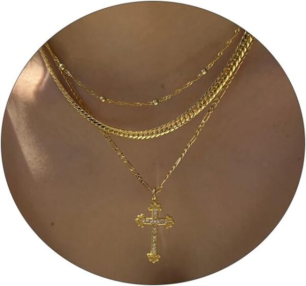 Gold Cross Necklace for Women 14K Gold Plated Dainty Layered Pendant Choker Simple Trendy Cute Cross Charm Diamond Necklace Faith Jewelry Religious Gift