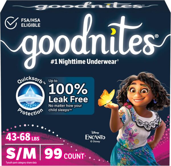 Goodnites Girls’ Bedwetting Underwear, Size S/M (43-68 lbs), 99 Ct (3 Packs of 33), Packaging May Vary