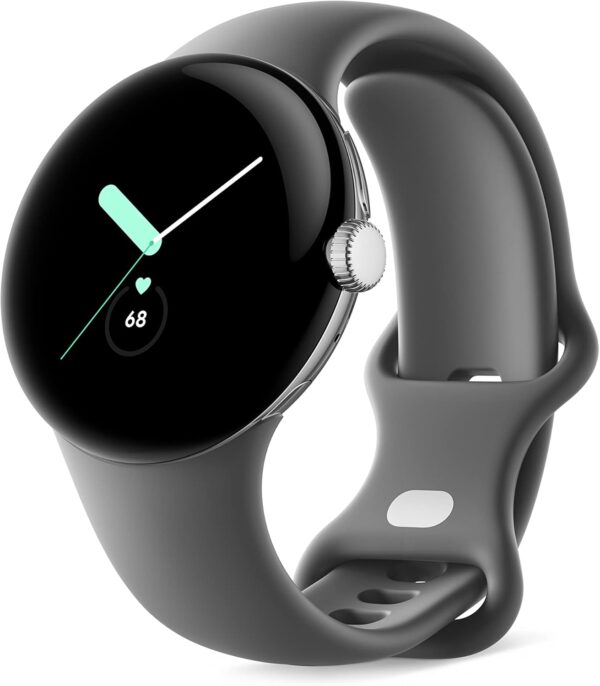 Google Pixel – Android Smartwatch with Fitbit Activity Tracking – Heart Rate Tracking Watch – Polished Silver Stainless Steel case with Charcoal Active band – LTE