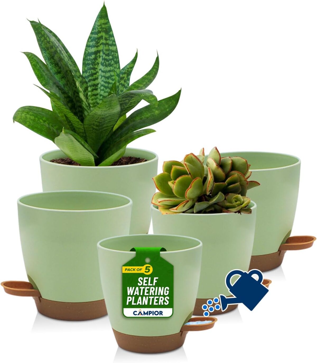 Green Self Watering Pots 5 Pack – Indoor and Outdoor Plant Pots with Wick Rope & Drainage Holes, Easy Watering Lip – Lightweight Plastic Self Watering Planter for Succulents, Houseplants, and Herbs