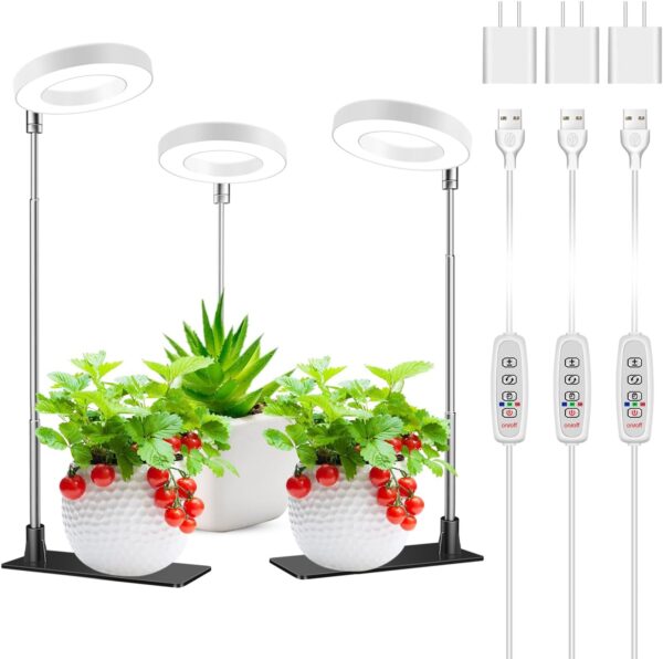 Grow Lights for Indoor Plants, 48 LEDs Full Spectrum Halo Plant Light for Indoor Plants, Height Adjustable Growing Lamp with Detachable Base, 3 9 12Hrs Timer, 10 Brightness, 3 Pack