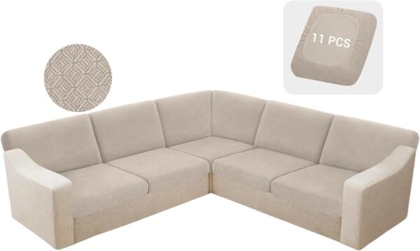 HDCAXKJ Waterproof Sectional Couch Cushion Covers 11 Pieces Stretch Jacquard L Shaped Corner Sofa Slipcover Back Cover Soft Sofa Seat Cushion Covers for Dogs Pet (5 Seater and 6 Backrest, Natural)