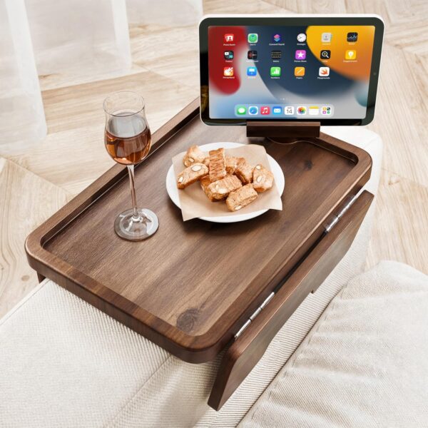 HOLANA Acacia Sofa Arm Tray Table – Wood Couch Arm Tray with Cup Holder – Folding Armrest Tray Table for Couch – Compact Couch Caddy for Drinks, Snacks and Phones (Walnut)