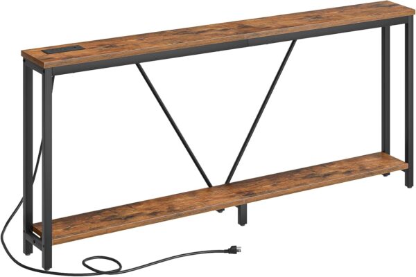 HOOBRO 70.9″ Extra Long Sofa Console Table with Charging Station, 2-Tier Behind Couch Table with V-Brace, for Narrow Entryway, Hallway, Living Room, Rustic Brown BF186UXG01