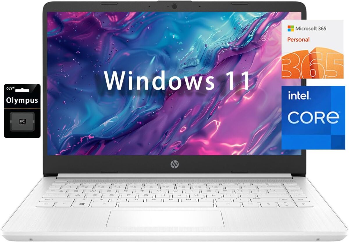 HP 14″ HD Student Business Laptop, Intel Quad-Core N4120, 16GB RAM, 384GB Storage, (128GB eMMC+256GB SD Card), 1 Year Office 365, Slim Design, Webcam, HDMI, Bluetooth, WiFi, Win 11 S, Silver