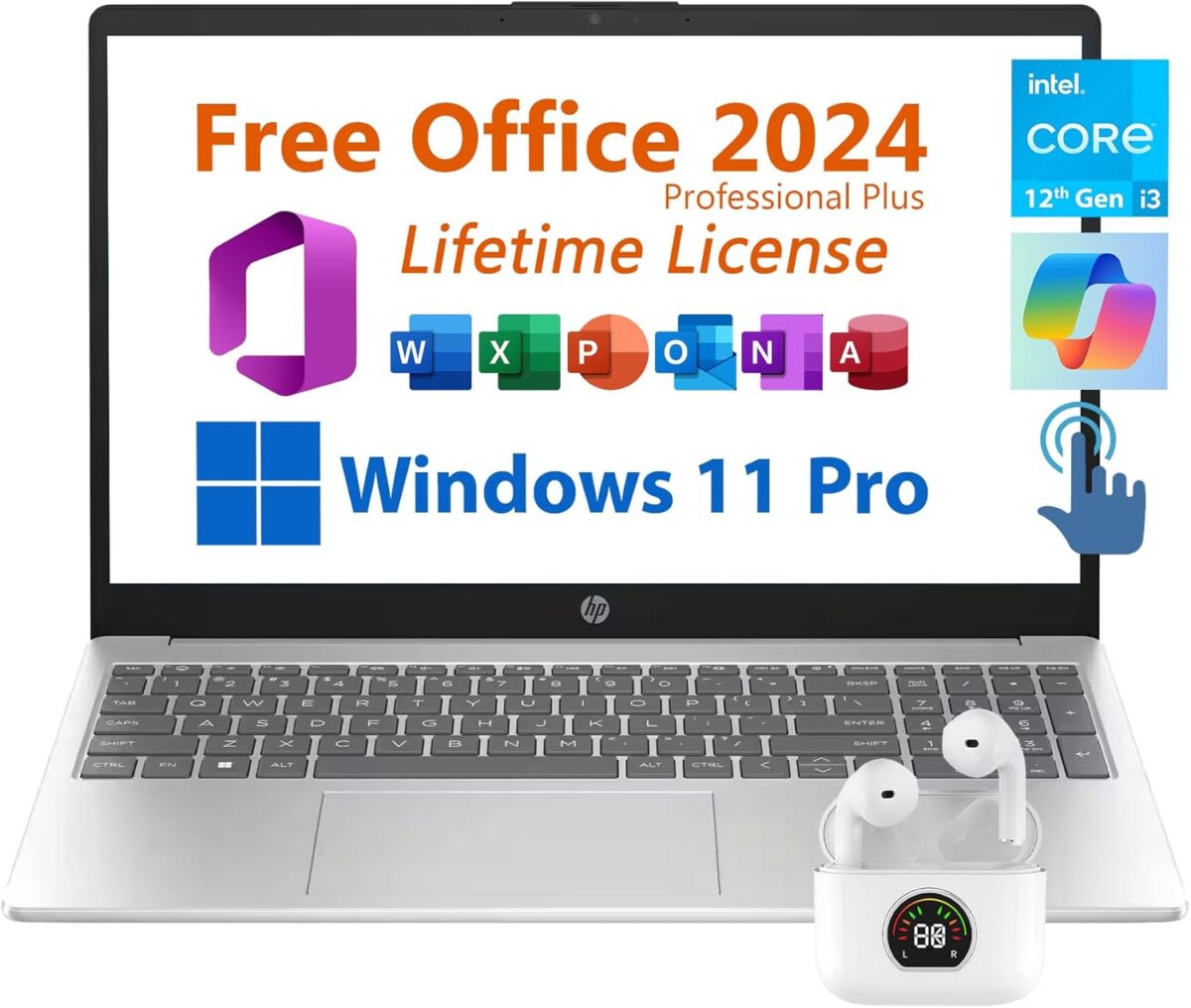 HP 15.6″ Business Laptop, Free Microsoft Office 2024 Lifetime License, Copilot AI Chat, HD Touchscreen Display, Intel 6-Core i3-1215U 4.4 GHz, 16GB RAM, 1TB SSD, Long Battery Life, Windows 11 Pro