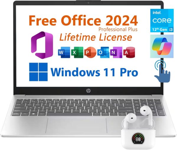 HP 15.6″ Business Laptop, Free Microsoft Office 2024 Lifetime License, Copilot AI Chat, HD Touchscreen Display, Intel 6-Core i3-1215U 4.4 GHz, 16GB RAM, 1TB SSD, Long Battery Life, Windows 11 Pro