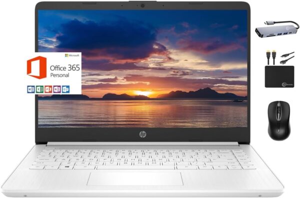 HP 2024 Premium 14″ Micro-Edge Portable Laptop Student Business, Intel Quad-Core N4120, 8GB RAM, 192GB (64GB eMMC+ 128GB Card), Webcam, WiFi, Windows 11S + 1 Year Office 365, MarxsolAccessory White