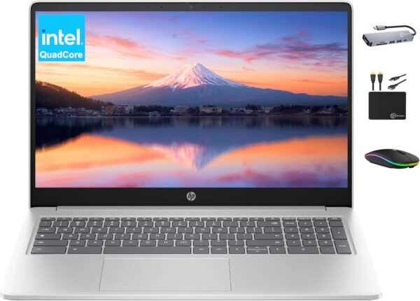 HP Chromebook 2025 Premium Laptop Student Business, 15.6″ HD Display, Quad-Core Intel N200 Processor, 8GB RAM, 564GB Storage (64GB eMMC+ 500GB Ext), UHD Graphics, Wi-Fi, Chrome OS +MarxsolAccessory