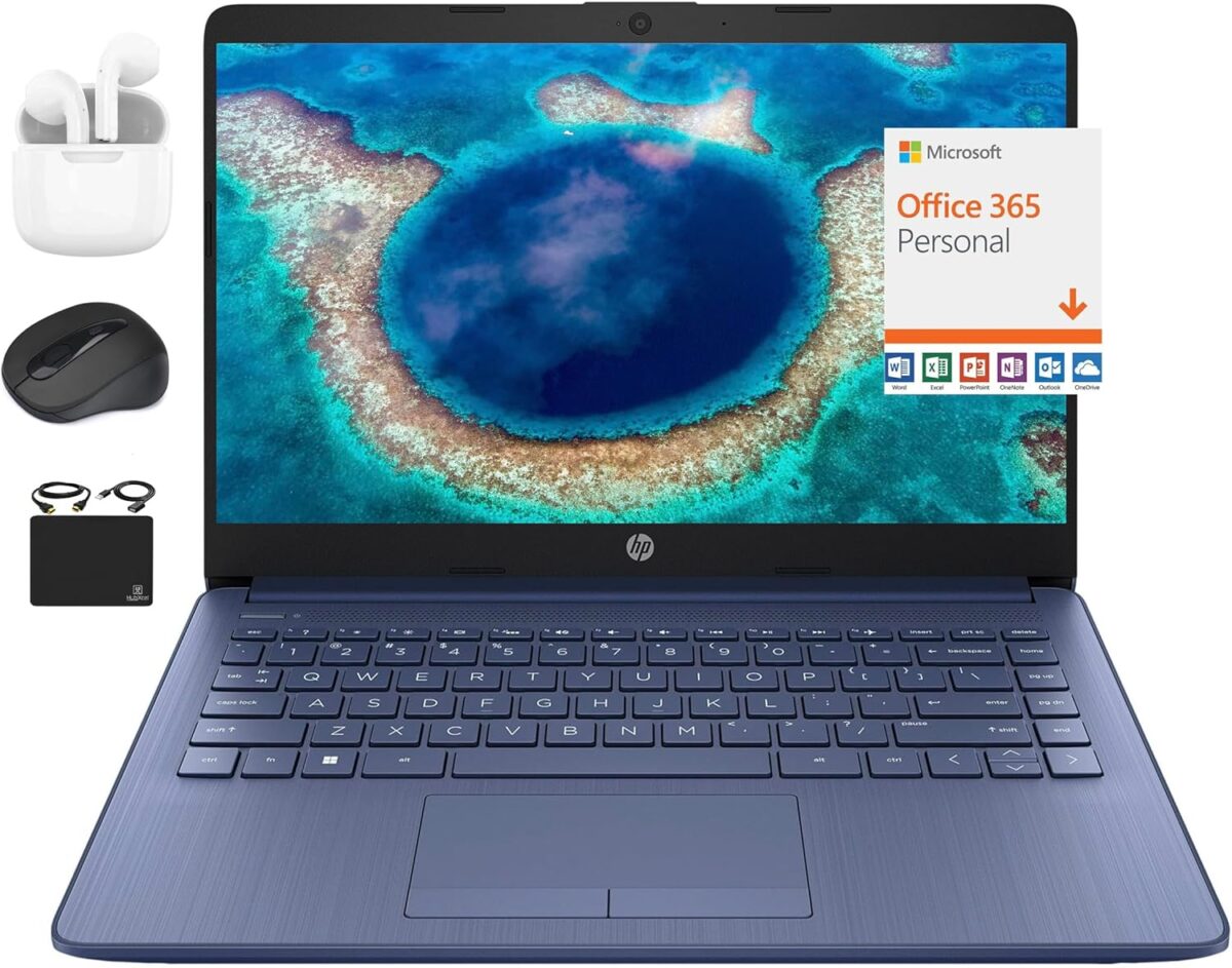 HP New 14″ HD Ultral Light Thin Laptop, Quad-Core Intel Celeron Processor, 16GB RAM, 564GB (64GB eMMC+ 500GB Ext), Wi-Fi, Upto 11 Hours, Windows 11 S + 1 Year Office 365+HubxcelAccessory, Royal Blue