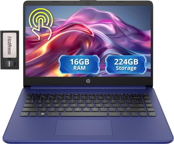 HP Stream 14″ Micro-Edge HD Touchscreen Laptop, Intel Celeron N4020, 16GB RAM, 224GB Storage (64GB eMMC & 160GB Docking Station Set), 1 Year Office 365, Webcam, Wi-Fi 5, Bluetooth, Windows 11, Blue