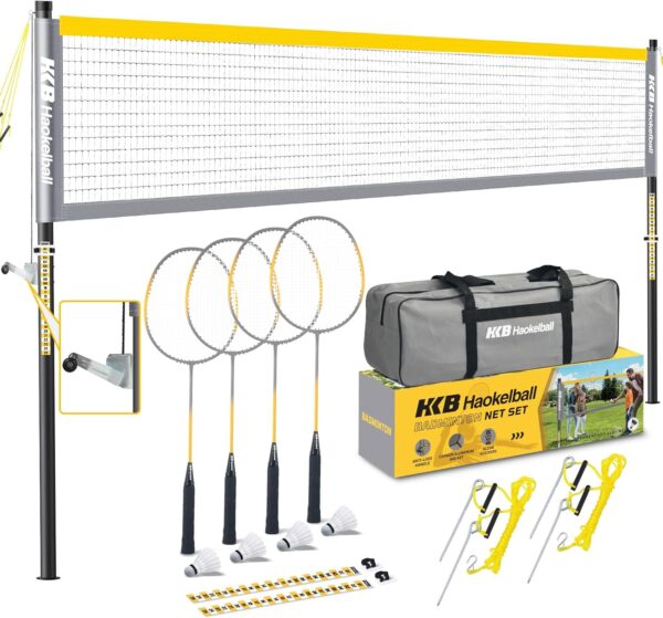 Haokelball Professional Badminton Set with Anti-Sag Design, Portable Badminton Net, Carbon Aluminum Rackets Set of 4, Sturdy 1.25″ Steel Frame, 4 Shuttlecocks, Carry Bag, Badminton Sets for Backyards
