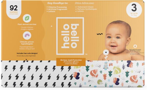 Hello Bello Diapers, Size 3 (14-24 lbs), 92 Count of Premium Disposable Baby Diapers in Bolt Babes and Woodland Animals Designs, Hypoallergenic with Soft, Cloth-Like Feel