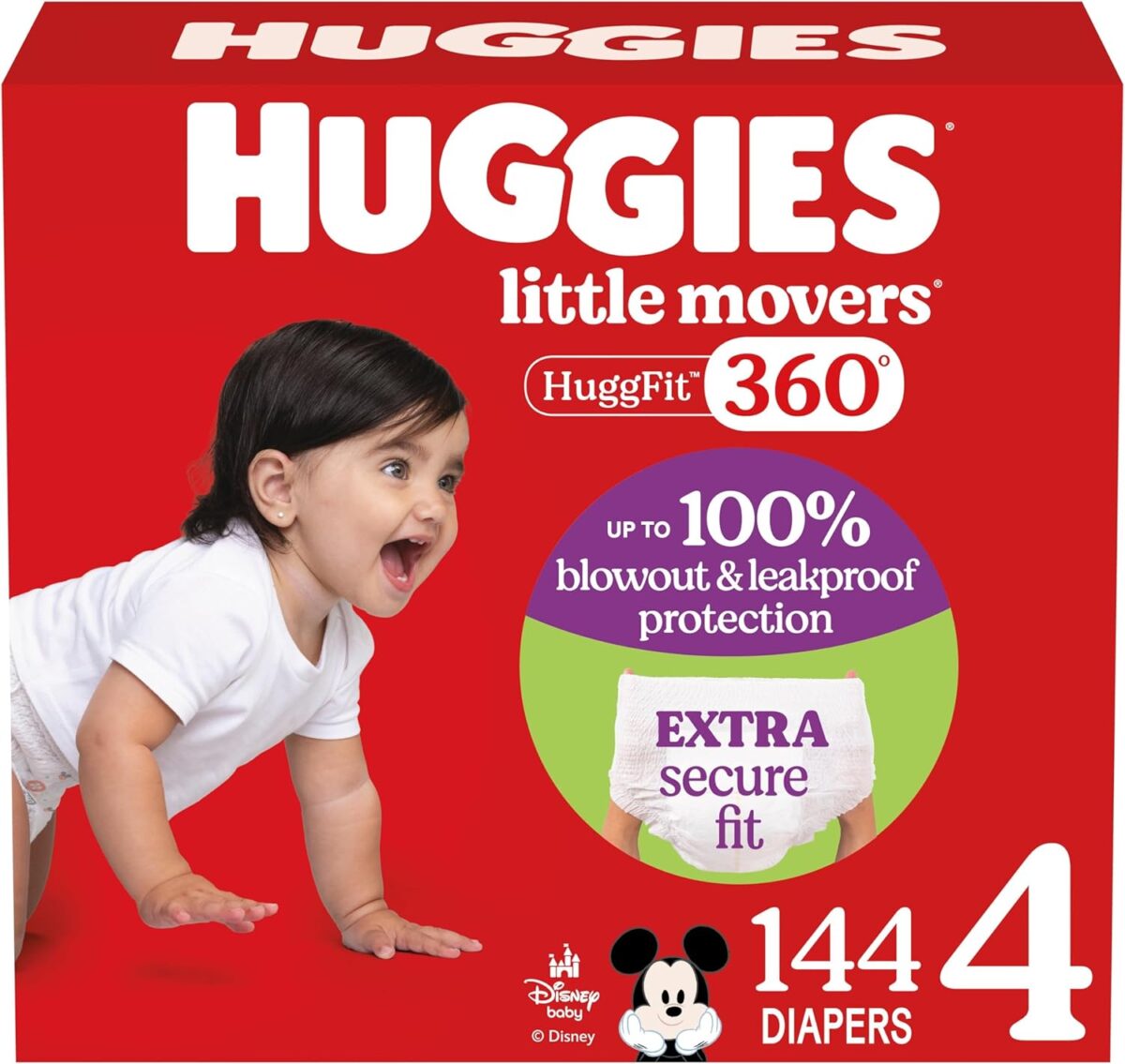 Huggies Size 4 Baby Diapers, Little Movers HuggFit 360° Baby Diapers with 360° Waistband, Size 4 (22-37 lbs), 144 Count, Packaging May Vary
