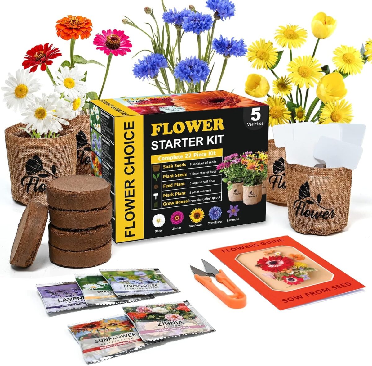 Indoor Daisy Garden Starter Kit with Gardening Tools – Jute Bags, Markers, Soil Disks and Shears, Home Gardening Gifts for Women Men Plant Lovers