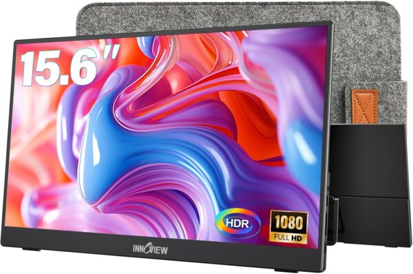 InnoView Portable Monitor 15.6″ 1080P Portable Monitors for Laptop with Protective Sleeve Built-in 90° Adjustable Stand USB C HDMI Ultra-Slim Portable Laptop Monitor for MacBook Phone PS Xbox Switch