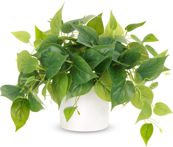JPSOR Artificial Plants Indoor with Ceramic Pots, Artificial Small Fake Plants with Pothos for Home Decor Fake Potted Plant for Living Room Shelf Home Office Decor (White Ceramic Pot)