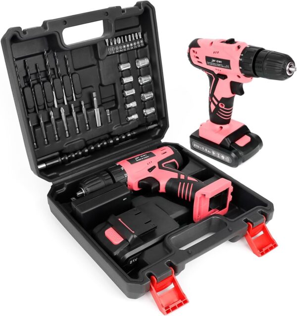 Jar-Owl 21V Pink Cordless Drill Set for Women，350 in-lb Torque, 0-1350RMP Variable Speed, 10MM 3/8” Keyless Chuck, 18+1 Clutch, 1.5Ah Li-Ion Battery & Charger for Home DIY and Repair – Black & Pink
