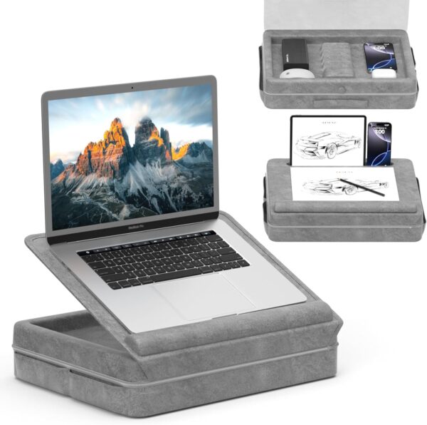 KDD Laptop Lap Desk with Cushion, Laptop Table with Storage for Bed & Sofa, Adjustable Lap Pillow Stand with Anti-Slip Strip & Cell Phone/Tablet Slot for Home Office College