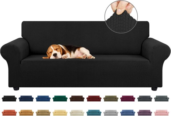 KEKUOU Stretch Sofa Cover Slipcover ，Couch Covers for 3 Cushion Couch Sofa pet Friendly (79″-94″) Furniture Protector Sofa with Elastic Bottom for Kids,Dog, Jacquard Small Checked(Large,Black)