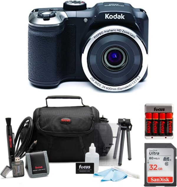 KODAK PIXPRO AZ252 Astro Zoom Digital Camera (Black) Bundle with 32GB Card, Case, Koah Nostrand Avenue Gadget Bag with Accessory Kit and Rechargeable Batteries