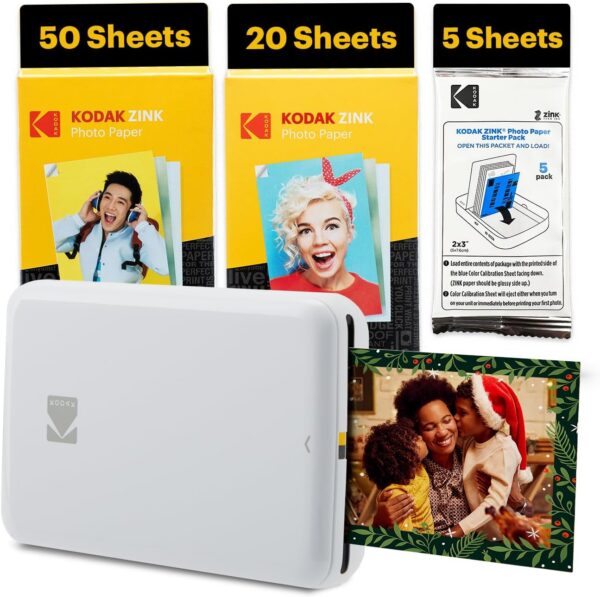 KODAK Step Instant Smartphone Photo Printer – 75 Sheets Bundle – Portable Mini Color Wireless Mobile Printer – Zink 2×3” Sticky-Back Photos – Bluetooth Compatible with Smart Devices – Fun App -White