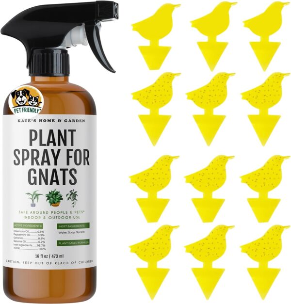 Kate’s Home & Garden Plant Spray for Insects & Getting Rid of Gnats with 12 Sticky Traps. Fungus Gnat Killer & Bug Spray for Indoor Plants (16oz, Pet Safe, Non Toxic)