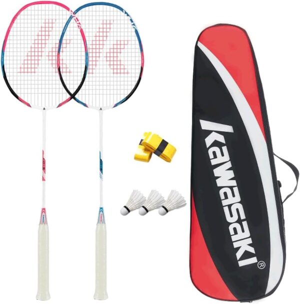 Kawasaki Badminton Rackets, Professional Graphite Shaft Badminton Set of 2 for Backyard, with 2 Lightweight Carbon Badminton Racquets/3 Badminton Shuttlecocks/2 Racquet Overgrips/1 Carry Bag