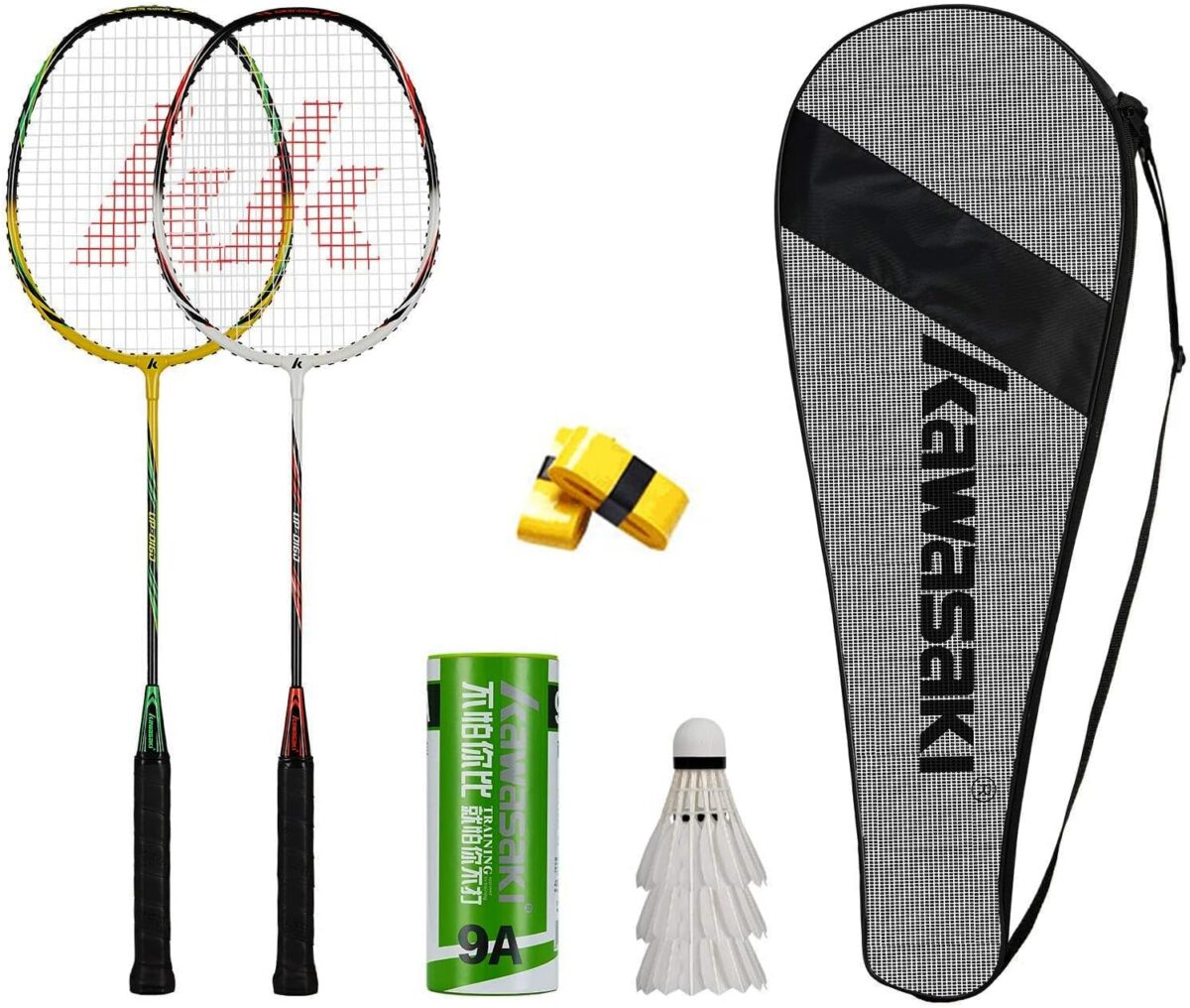 Kawasaki Badminton Set Professional Graphite Badminton Racket Lightweight & high Performance for Sports, Training and Entertainment Including 3 Badminton shuttlecocks & 2 overgrips & Carrying Bag