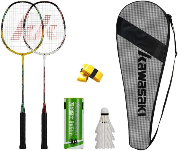Kawasaki Badminton Set Professional Graphite Badminton Racket Lightweight & high Performance for Sports, Training and Entertainment Including 3 Badminton shuttlecocks & 2 overgrips & Carrying Bag