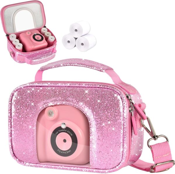 Kid Instant Print Camera Case Compatible with ESOXOFFORE/for Dylanto/for GKTZ/for Masterbee/for Anchioo Digital Camera, Portable Shining Bag with Shoulder Strap& 3 Photo Paper (Box Only) – Pink