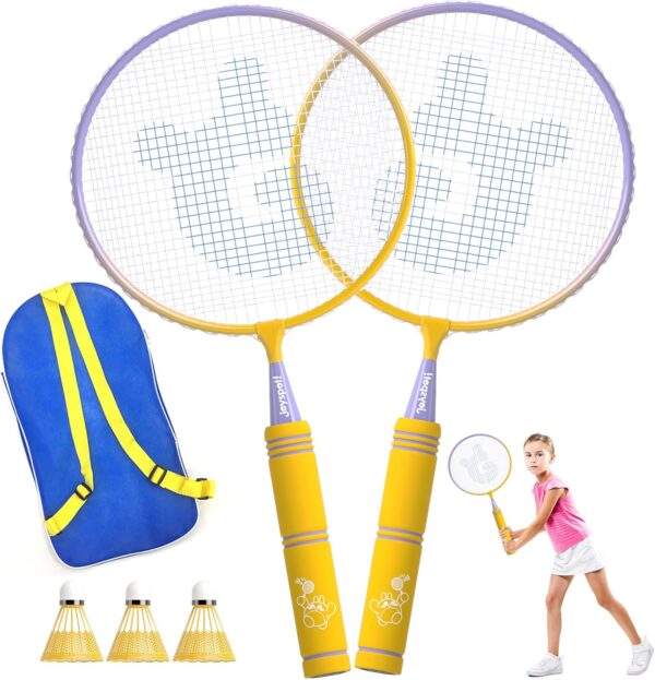 Kids Badminton Rackets Set with Soft Grip, Oversize & Lightweight Shuttlecocks Racquet with Carry Bag for Children Youth, 2 Player Sport Game for Indoor Outdoor Backyard