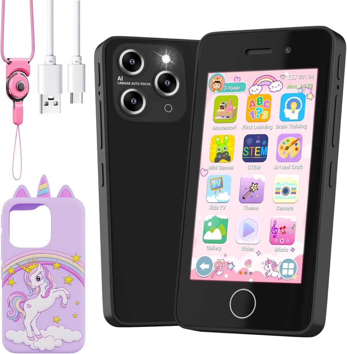 Kids Smart Phone for Girls, 4.0″ Touchscreen Learning Music Puzzle-Games Toddler Phone for Kids Ages 3-9, Dual Camera，Built-in 8G SD Card Kids Phone Toy, Gifts for Kids Cell Phone Toy, Coral