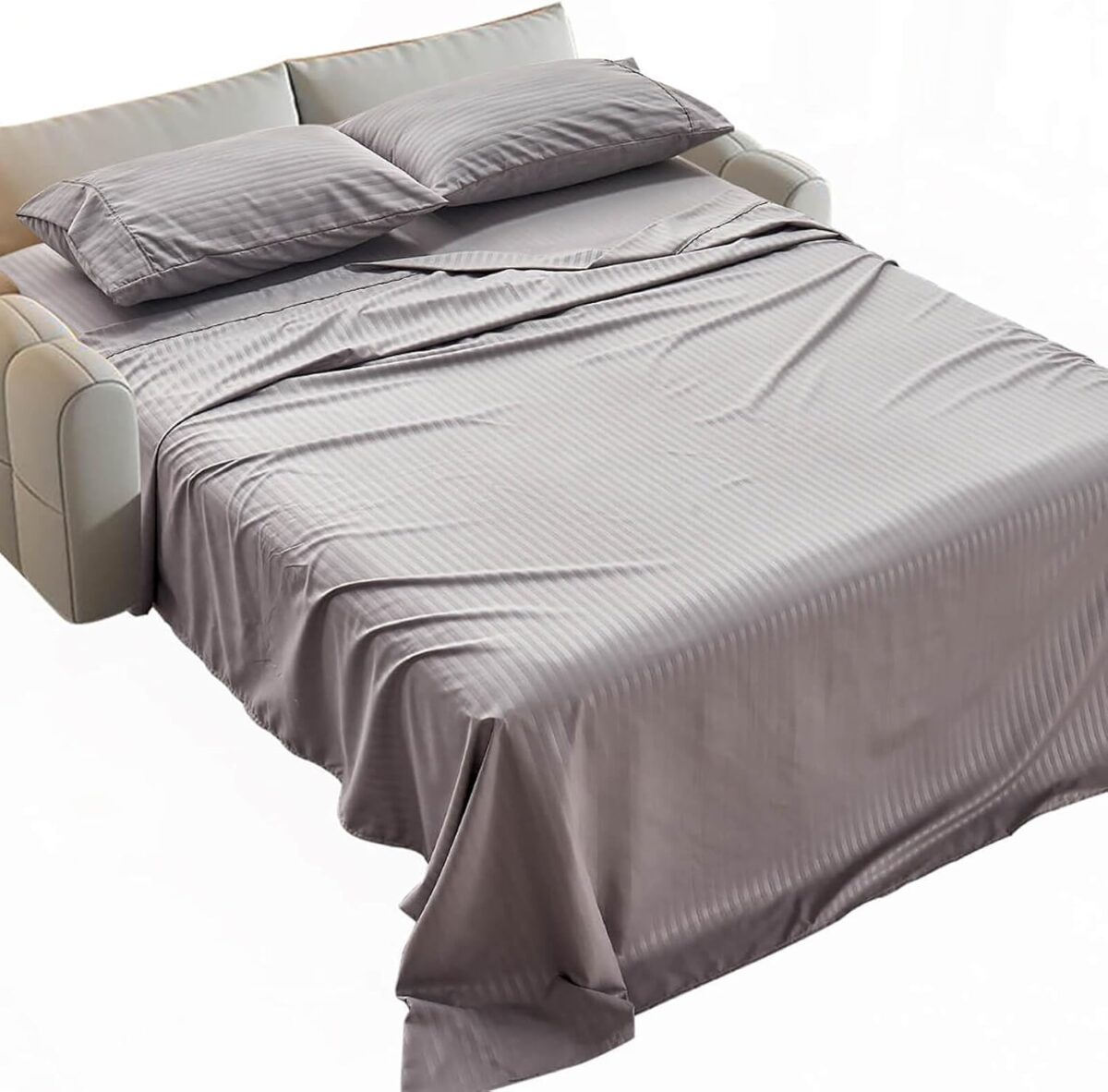 Kingnex Striped Sofa Bed Sheets Queen for Sleeper Sofa Bed with 4-6 Deep Soft Brushed 1800 Microfiber 4 Piece Bedding Set (60″x74″x6″) Grey