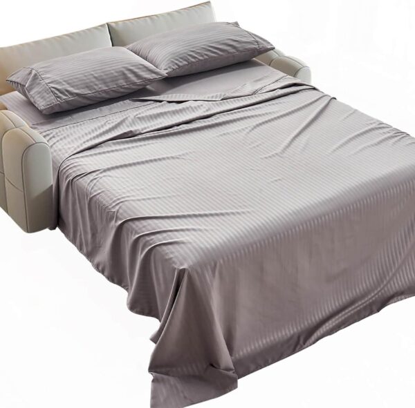 Kingnex Striped Sofa Bed Sheets Queen for Sleeper Sofa Bed with 4-6 Deep Soft Brushed 1800 Microfiber 4 Piece Bedding Set (60″x74″x6″) Grey