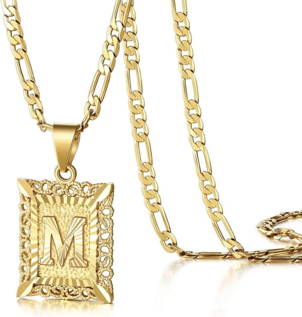 KissYan Initial Letter Pendant Necklace for Men Women, 14K Gold Plated Square Capital Monogram Necklace Alphabets from A-Z Figaro Chain Jewelry