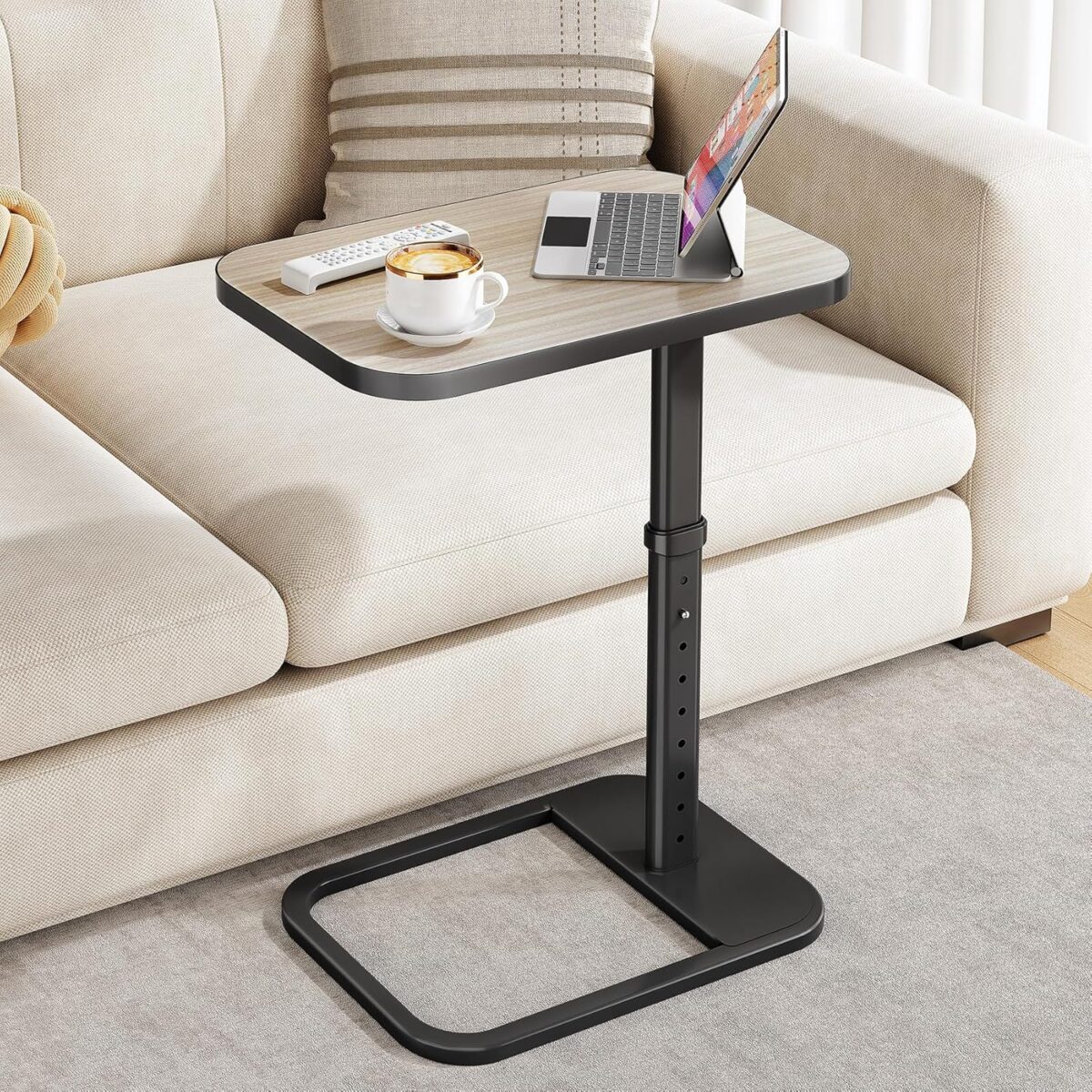 Kitstorack TV Tray Table, Adjustable Height & 90° Flip-Over Panel Design, Sofa Arm End Side Table for Eating Laptop Couch Bed Dinner or Small Spaces, Gray