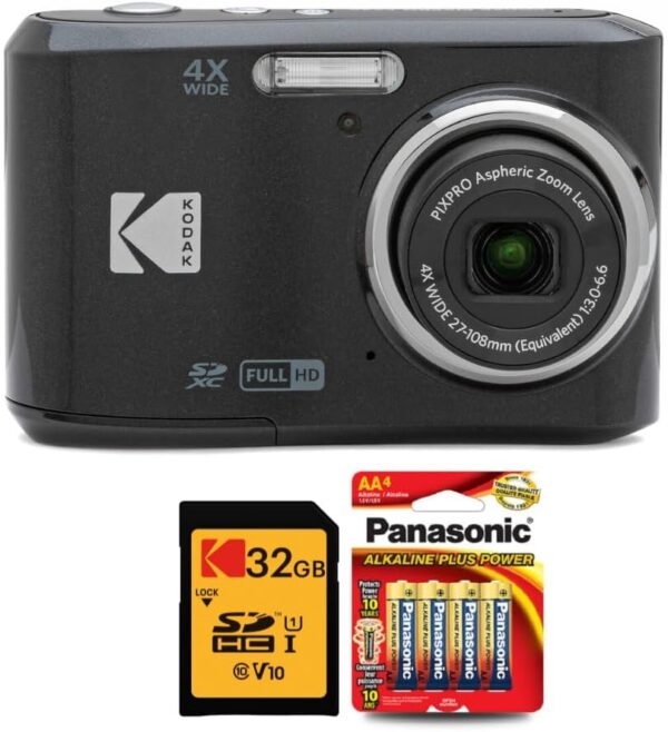 Kodak PIXPRO FZ45 Digital Camera (Black) Bundle with 32GB Class 10 UHS-I U1 SDHC Memory Card and AA High-Performance Alkaline Batteries (4-Pack) (3 Items)