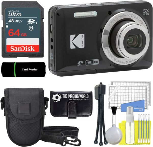 Kodak PIXPRO FZ55 Black 16MP Digital Camera 5X Optical Zoom 28mm Wide Angle 1080P Full HD Video 2.7″ LCD Camera + 64GB Card and Reader + Case + Memory Wallet + Tripod + Cleaning Bundle