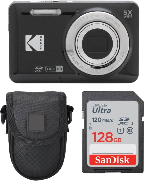 Kodak PIXPRO FZ55 Digital Camera (Black) + Point & Shoot Camera Case + Sandisk 128GB SDXC Memory Card