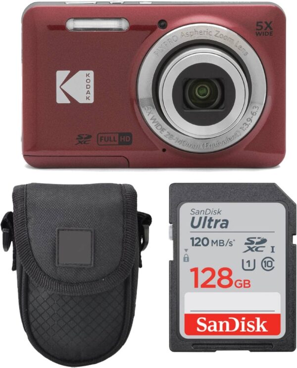 Kodak PIXPRO FZ55 Digital Camera (Red) + Point & Shoot Camera Case + Sandisk 128GB SDXC Memory Card