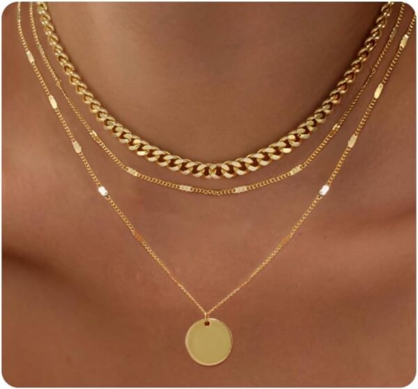 Kyerlyn Layered Necklaces for Women, 14K Gold Plated Necklace Sterling Silver Necklace Stack Circle Pendant Necklace Trendy Long Chain Stackable Silver Necklace Set Dainty Gold Stacked Jewelry Gifts