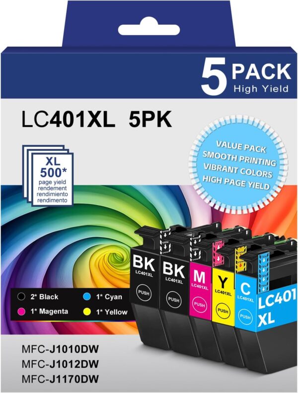 LC401XL LC401 Ink Cartridges MFC-J1010DW MFC-J1170DW Compatible for Brother 401XL LC 401 XL Ink Cartridges 5-Pack for MFC J1010DW J1170DW J1012DW DCP-J1800DW Printer (2Black 1Cyan 1Magenta 1Yellow)