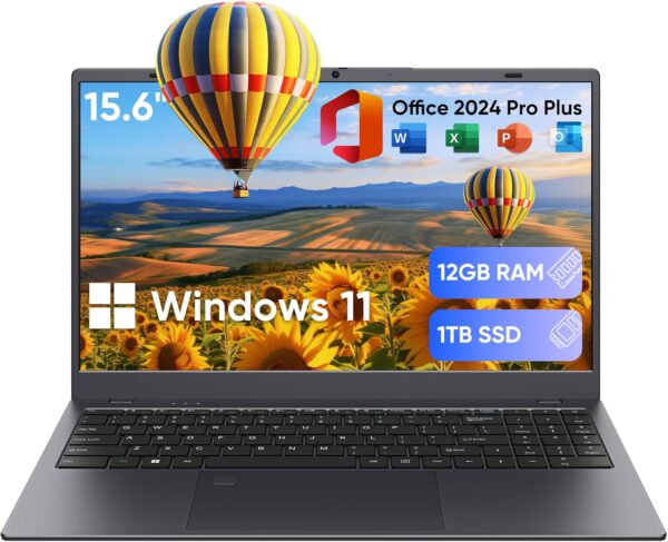 Laptop, 12GB LPDDR5 RAM 1TB SSD, Quad-Core N95 Processor Up to 3.4GHz, 15.6″ FHD IPS Display, Office Pro Plus 2024, WiFi 5, Laptop Computer with Fingerprint for Students and Business, Gray